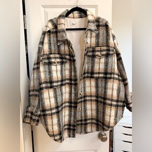 Good American Plaid Shacket in Cream, Black & Tan